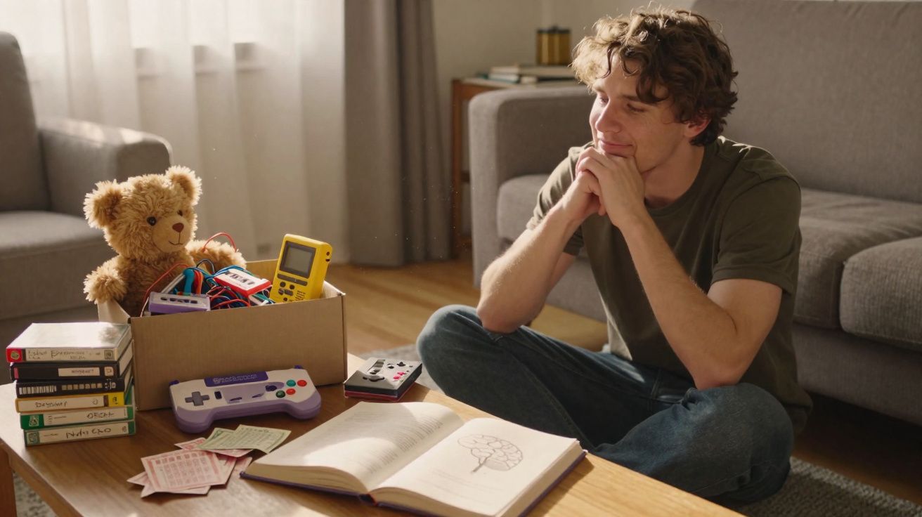 Homem jovem sentado no chão a olhar para uma mesa com brinquedos antigos e um livro aberto com desenho de cérebro.