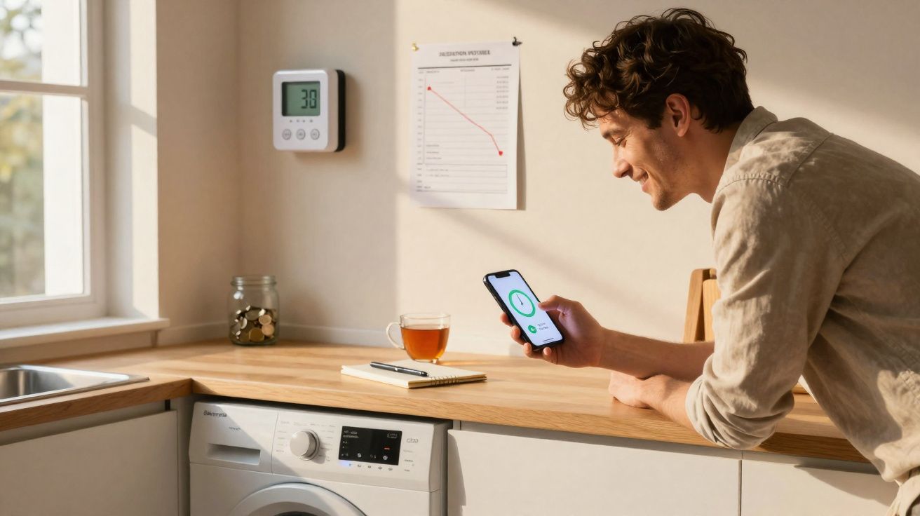 Homem numa cozinha a usar uma aplicação no telemóvel, com máquina de lavar e chá na bancada.