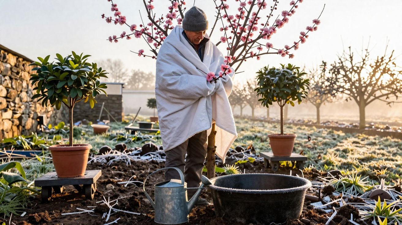 Homem vestido com manta e gorro cuida de árvore florida num jardim coberto de geada pela manhã.
