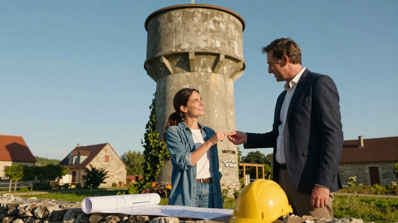 Duas pessoas trocam chave num canteiro de obra com capacete amarelo e plantas ao fundo.