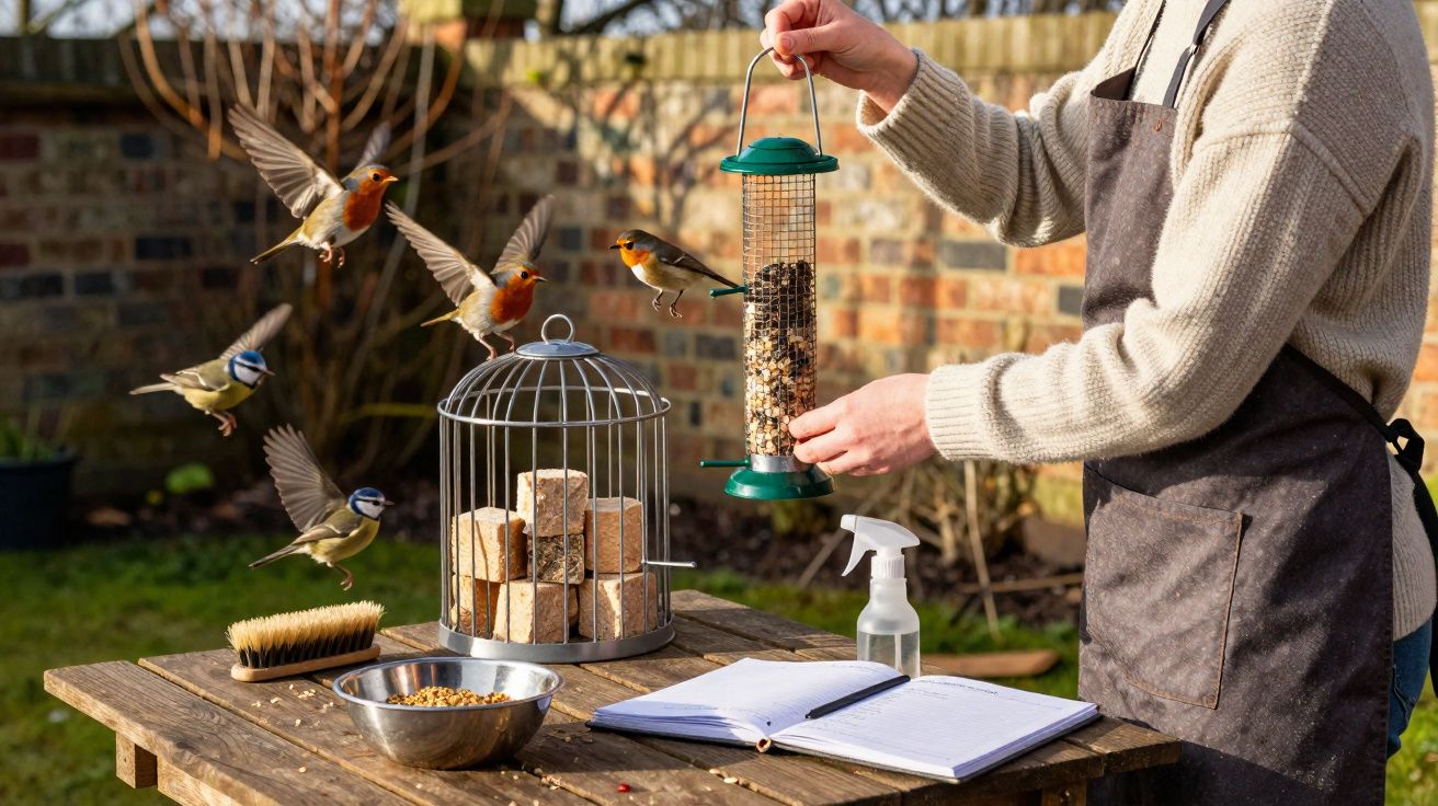 Pessoa com avental a alimentar pássaros com comedouro e blocos de ração num jardim ensolarado.
