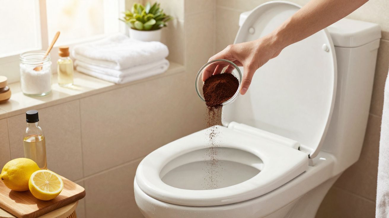 Pessoa a deitar café moído na sanita como método natural de limpeza doméstica.