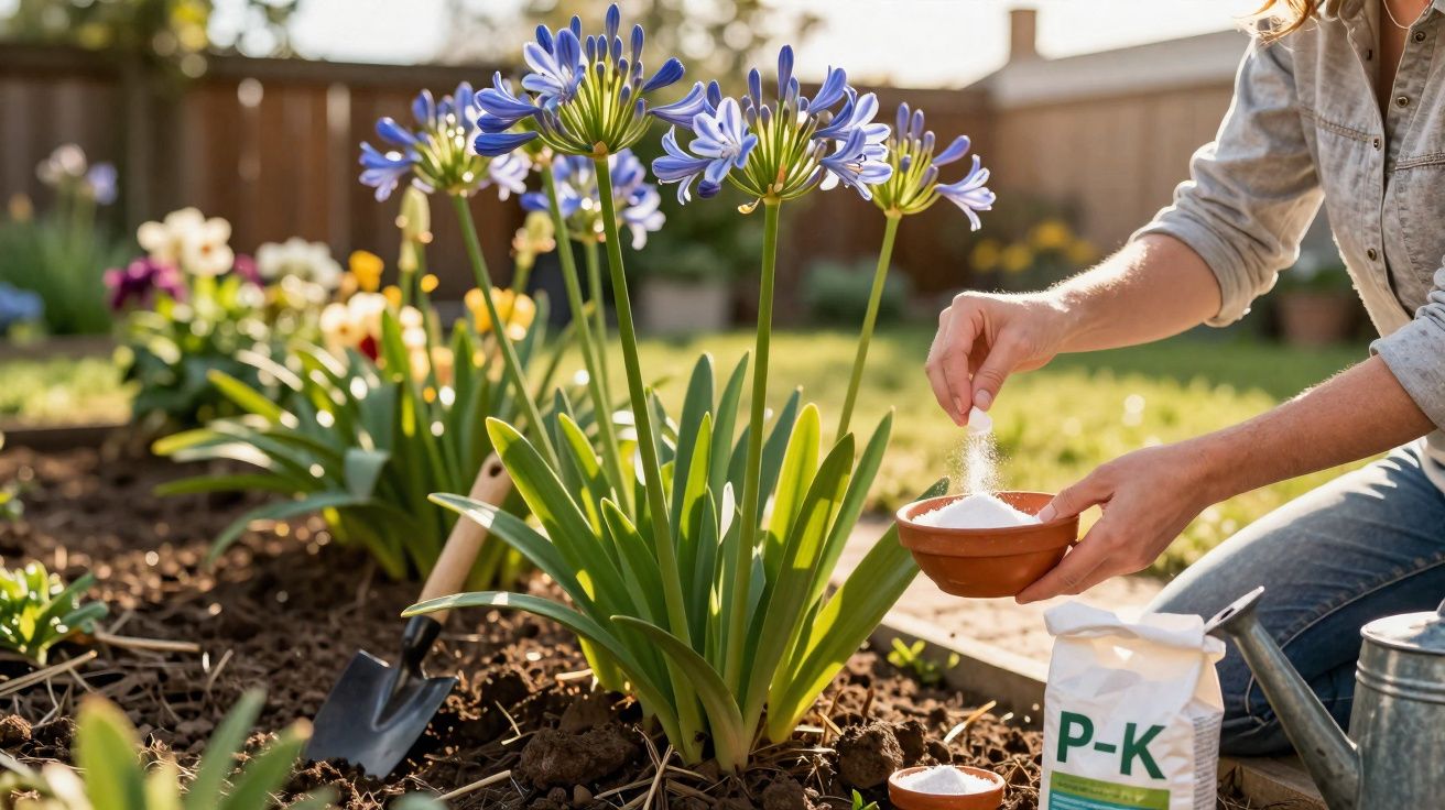 Pessoa a fertilizar flores lilases Agapanthus num jardim ensolarado.