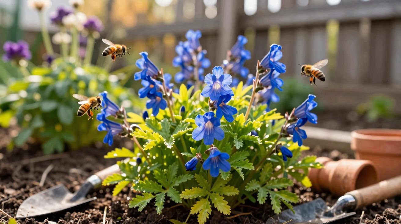 Abelha a voar junto a flores azuis num jardim com ferramentas e vasos de barro ao fundo.
