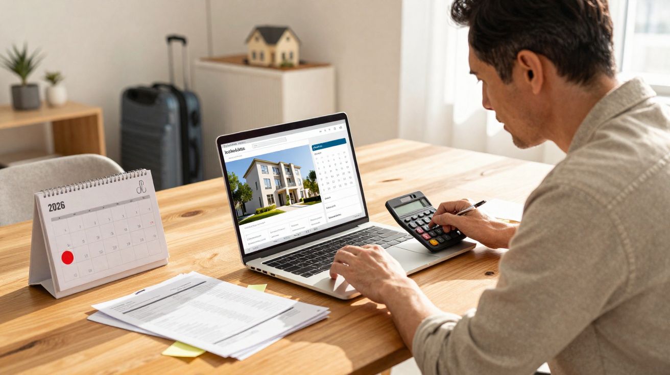 Homem a calcular despesas num ambiente doméstico com computador, documentos e calendário de 2026.