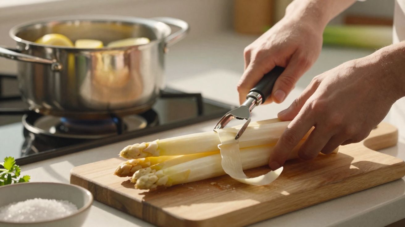Pessoa a descascar espargos brancos numa tábua de cozinha, com panelas ao fundo sobre o fogão.