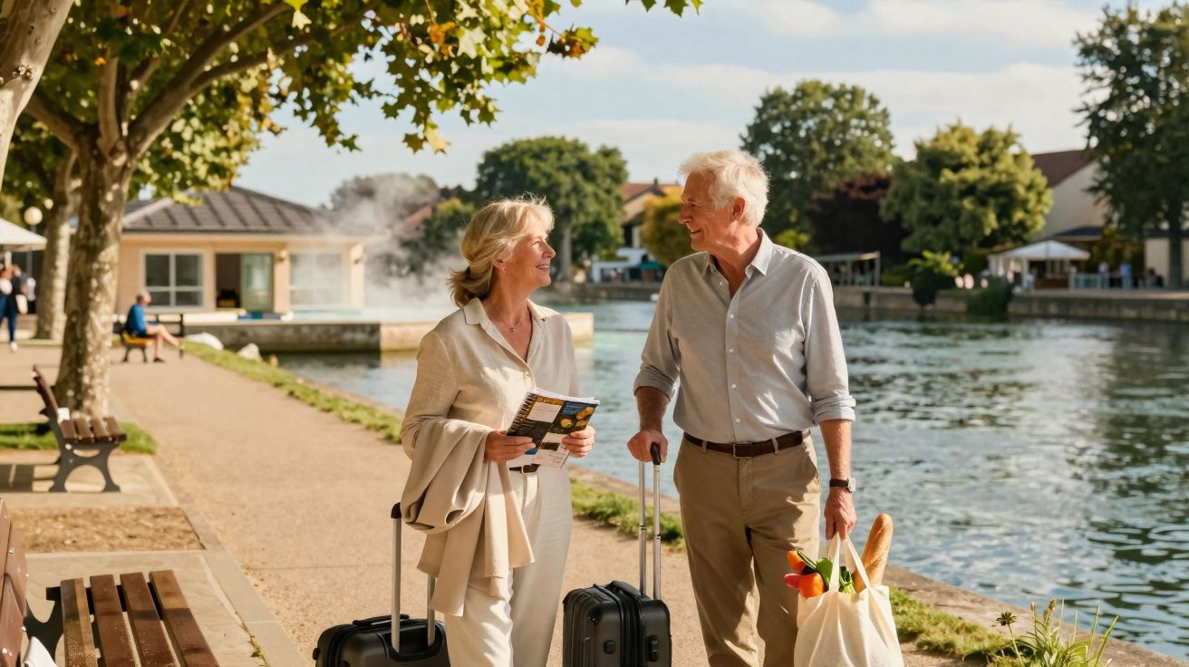 Casal sénior com malas e sacola de compras passeia junto a rio num dia ensolarado.