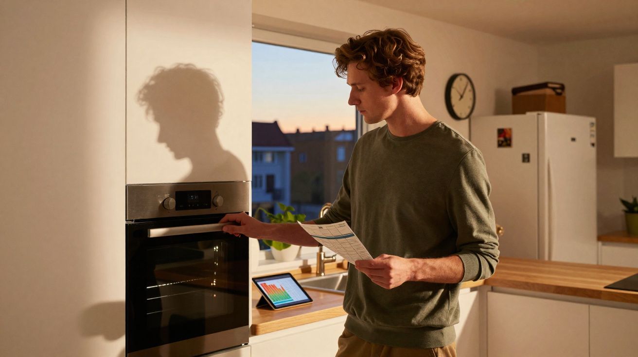 Homem a consultar documento e a usar forno numa cozinha moderna ao fim da tarde.