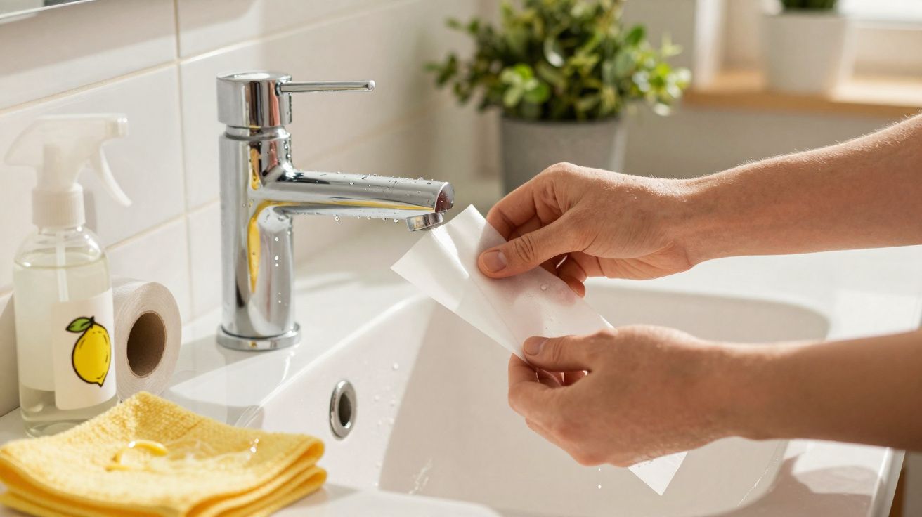 Mãos a limpar a torneira da casa de banho com um pano branco num lavatório branco, com toalha amarela.
