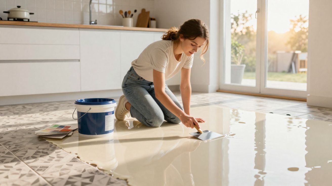 Mulher jovem a aplicar resina epóxi no chão da cozinha, com balde azul ao lado e luz natural pela janela.