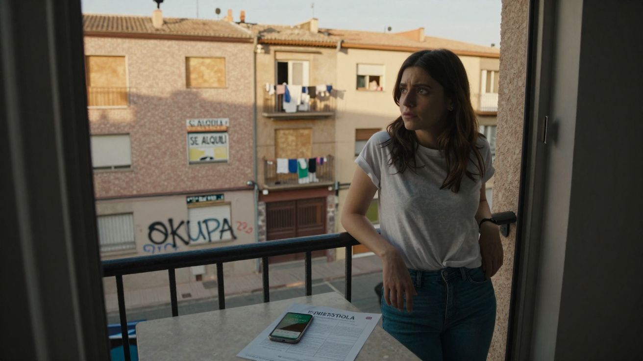 Jovem de camisola branca e jeans está na varanda de apartamento, olhando para a rua com expressão pensativa.