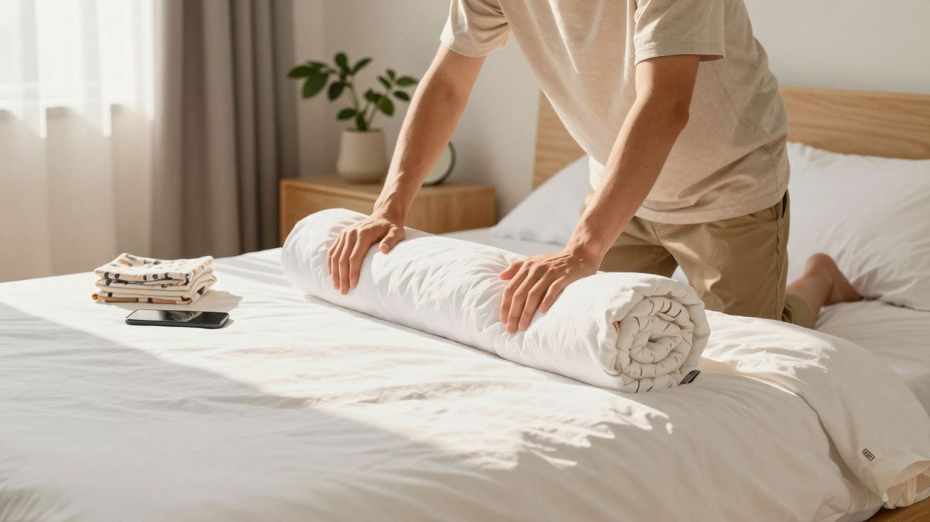 Pessoa a enrolar um edredão branco numa cama com roupa de cama clara num quarto iluminado.