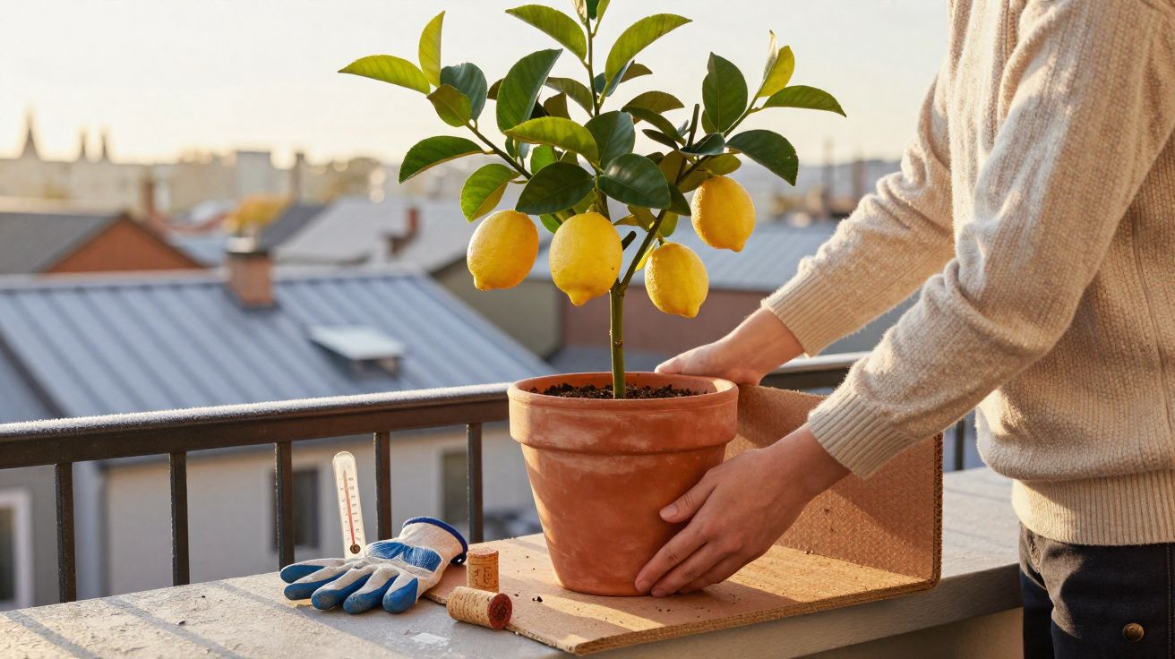 Pessoa a cuidar de planta de limão em vaso num parapeito de varanda ao pôr do sol.