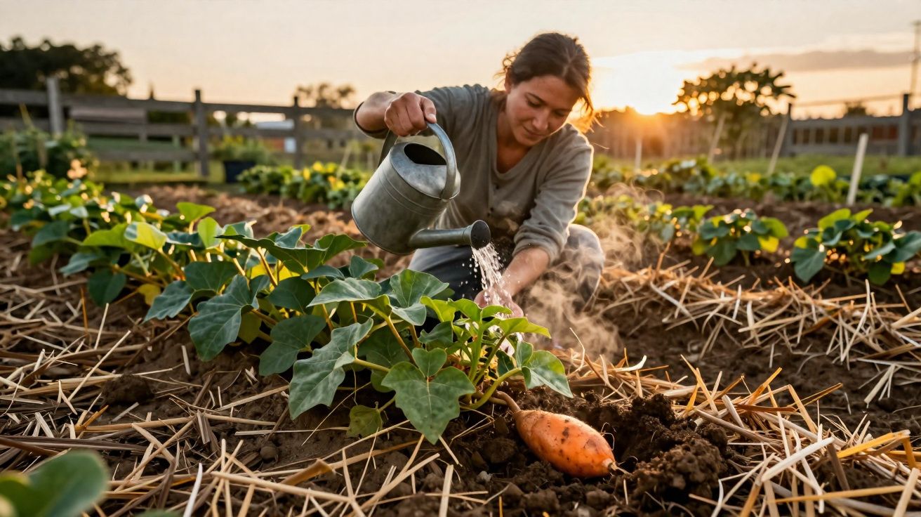 Mulher a regar plantas num campo de batata-doce ao pôr do sol com regador de metal.