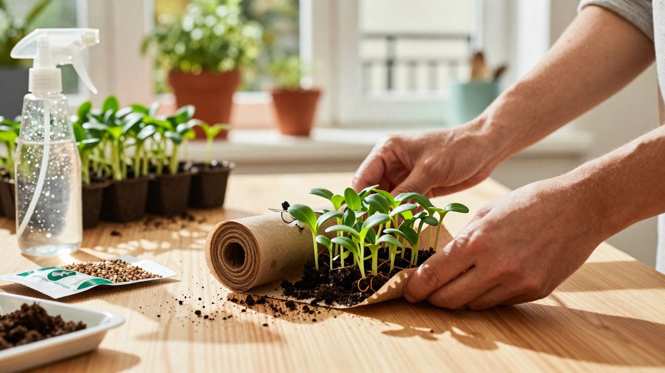 Mãos a transplantar pequenas plantas em papel reciclável sobre mesa com terra e recipiente de sprays.