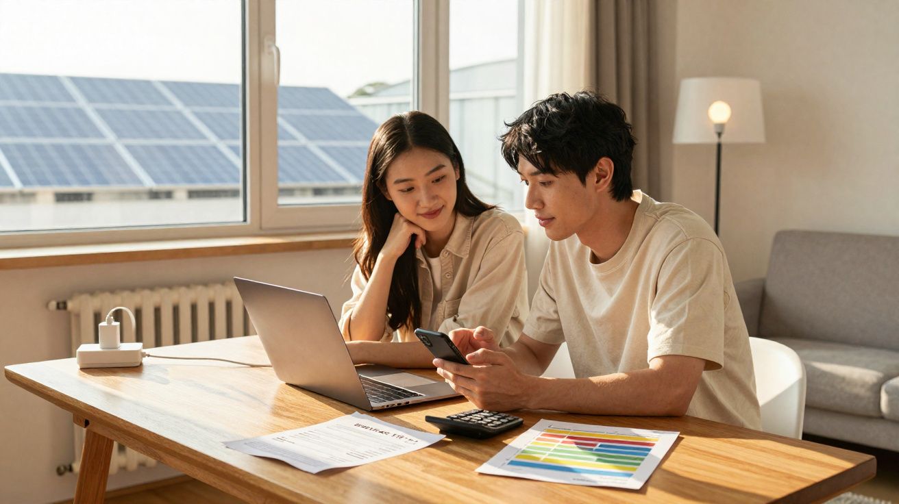 Casal jovem a analisar finanças em casa com gráfico, computador portátil e calculadora numa mesa de madeira.