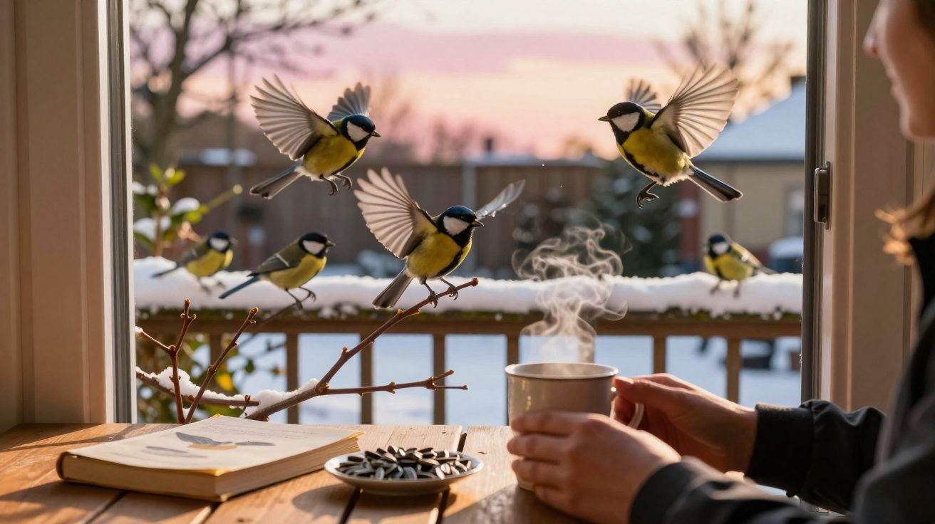 Pássaros a voar e pousar na varanda em frente a uma pessoa com uma bebida quente numa manhã de inverno.