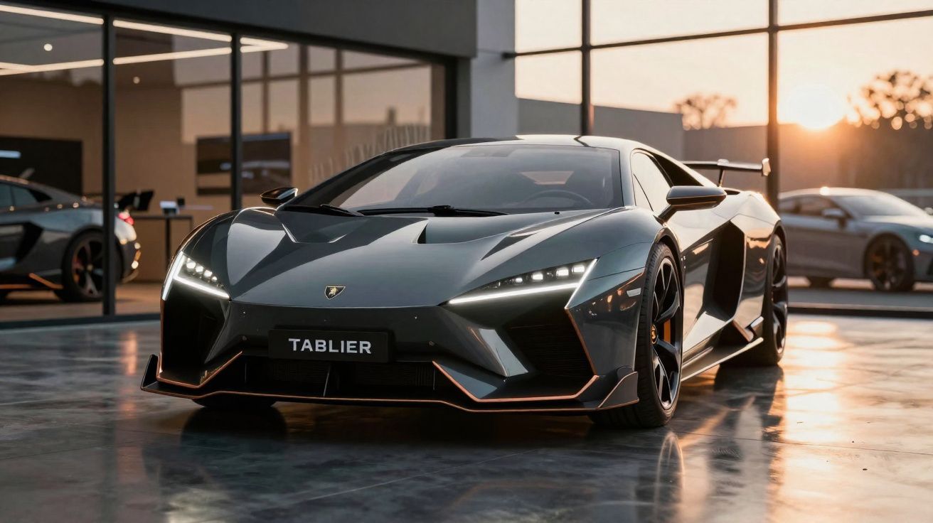 Carro desportivo Lamborghini cinzento com faróis ligados em showroom durante pôr do sol.