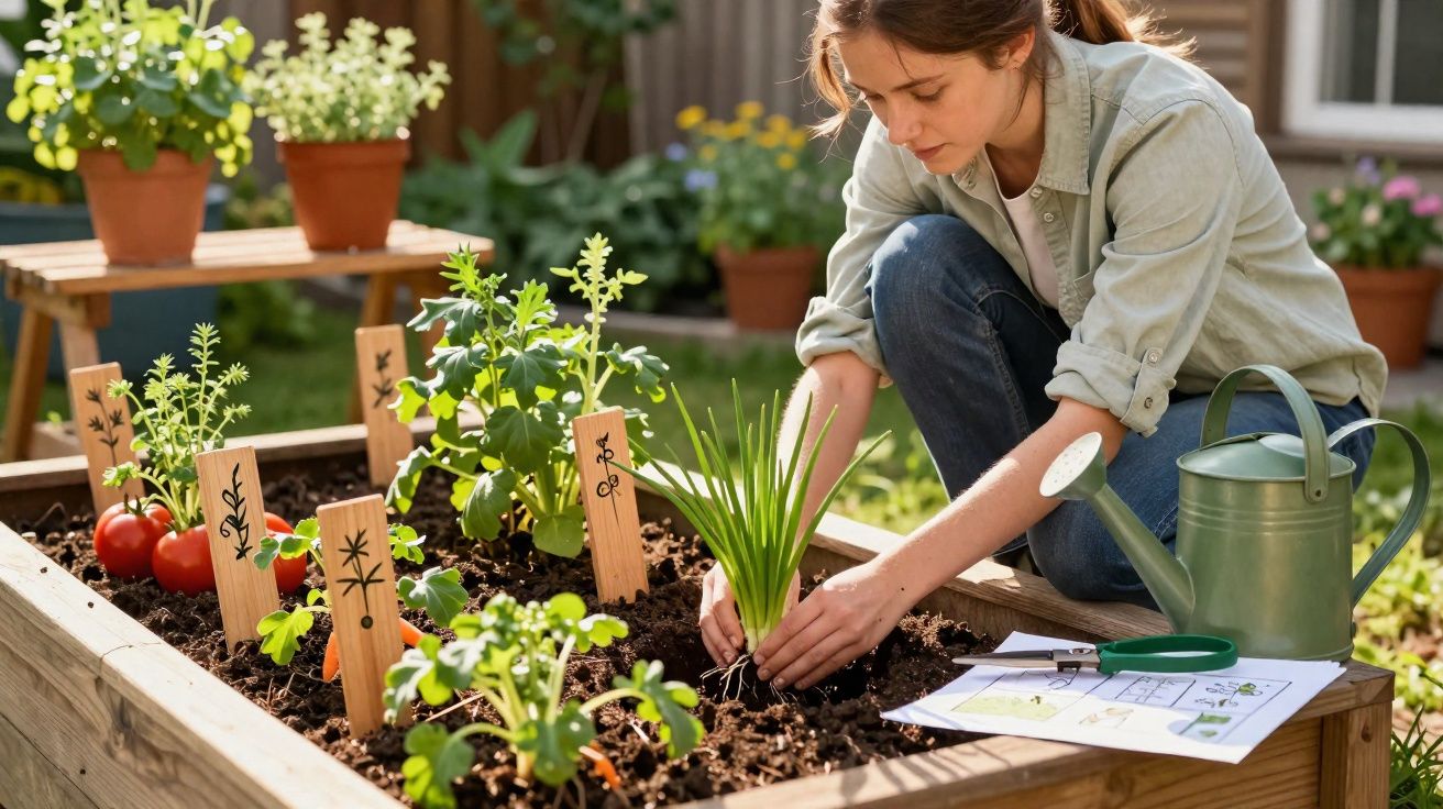 Mulher a plantar ervas aromáticas numa horta elevada com regador e plantas ao fundo.