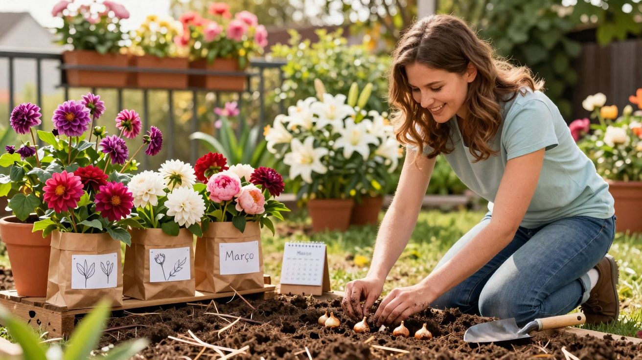 Mulher a plantar bolbos de flores num jardim com vasos e flores coloridas à volta.