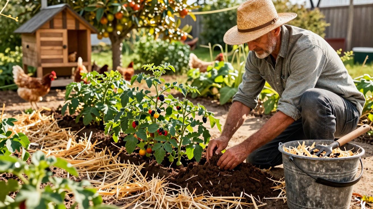 Homem com chapéu de palha a cuidar de plantas numa horta com galinhas e casa de madeira ao fundo.