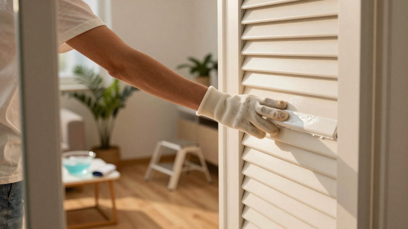 Pessoa a pintar uma porta de madeira branca com uma trincha, usando luvas brancas.