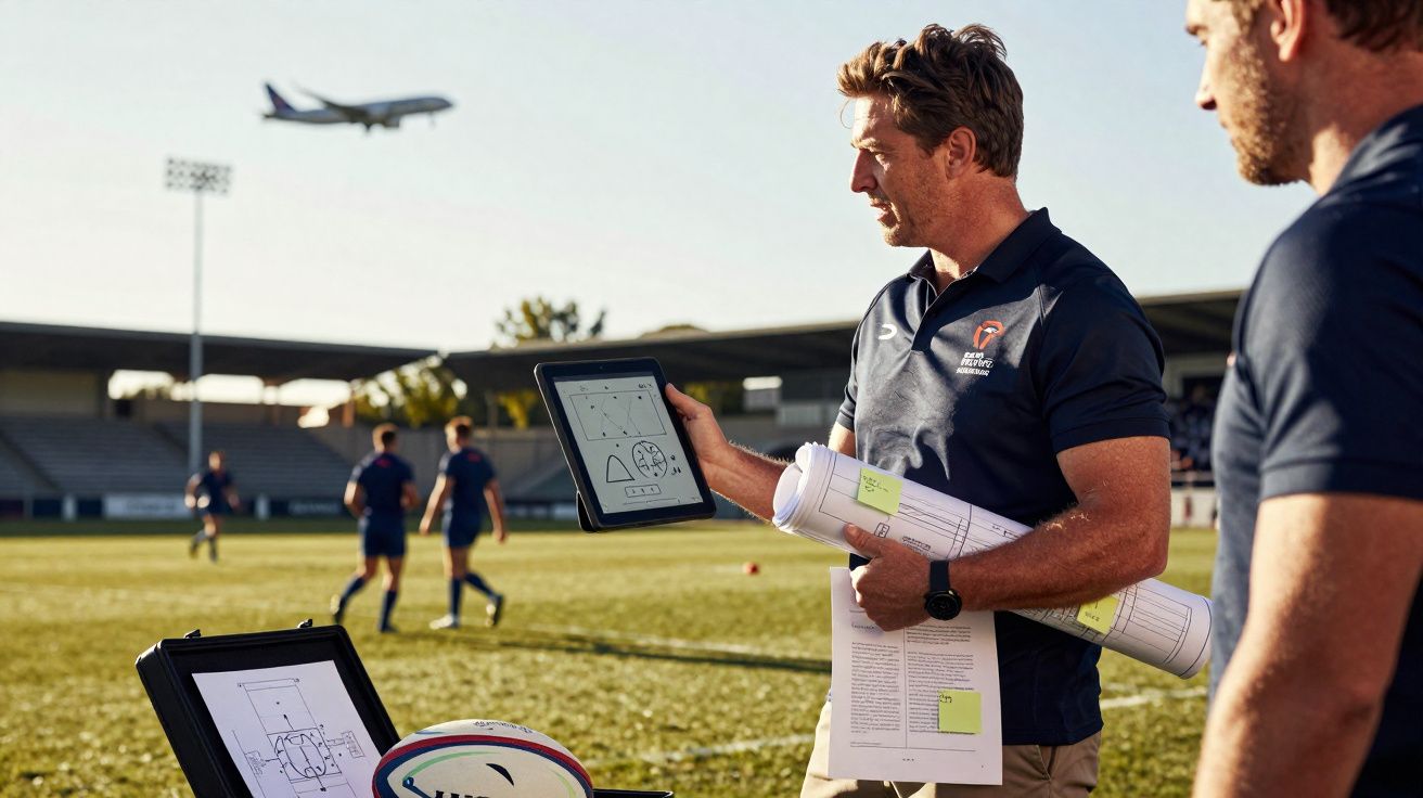 Treinador de rugby a analisar tática num tablet enquanto jogadores treinam num relvado, avião ao fundo.