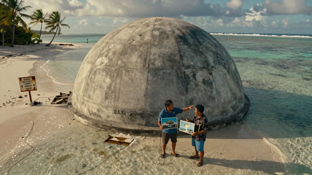Duas pessoas junto a uma estrutura de bunker em forma de domo na praia, com mar e palmeiras ao fundo.