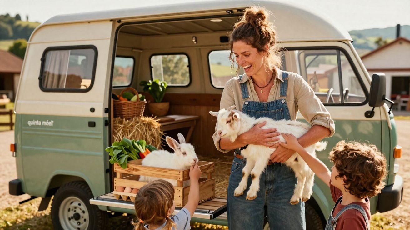 Mulher com dois miúdos e cabrinhas junto a carrinha verde numa quinta, em dia soalheiro.