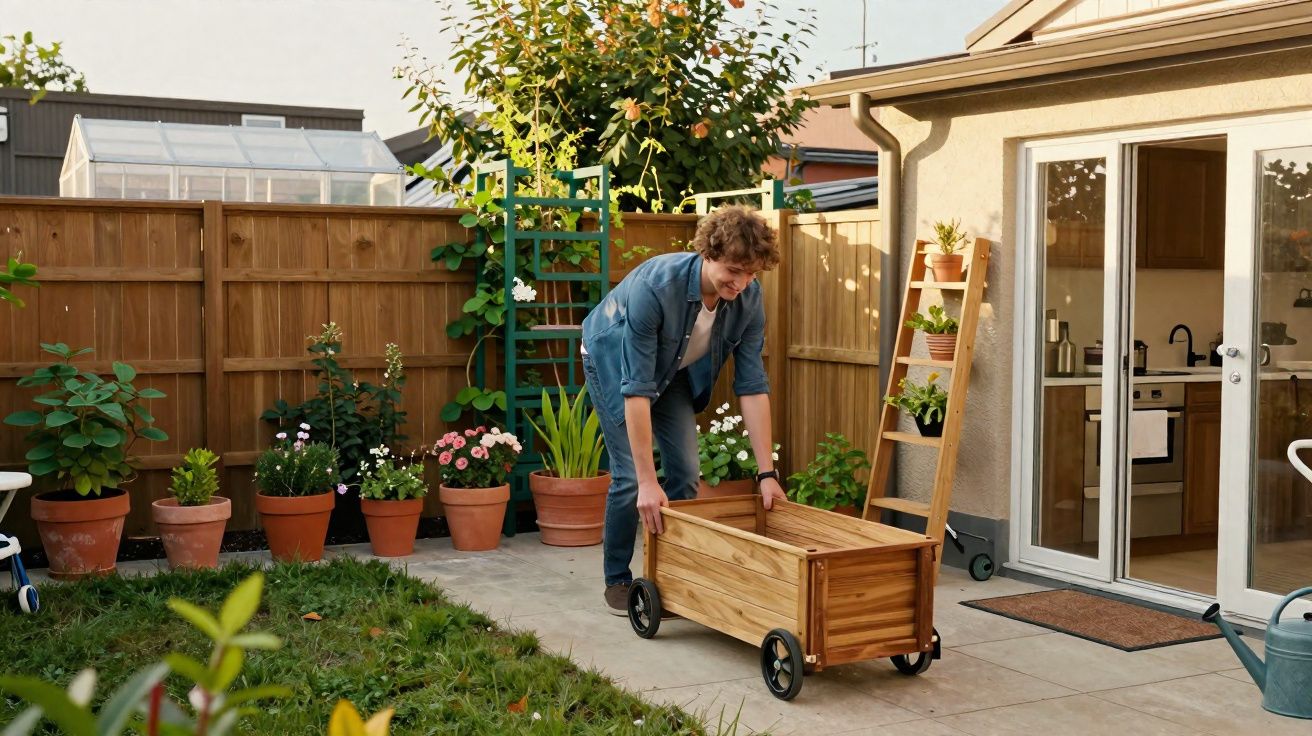 Pessoa a colocar uma caixa de madeira com rodas num pátio com várias plantas e flores em vasos.