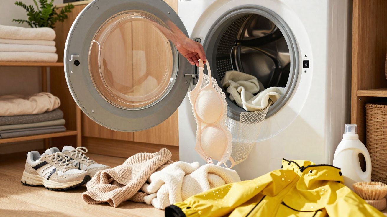 Pessoa a retirar sutiã cor de pele da máquina de lavar roupa em quarto com roupas e sapatos no chão.