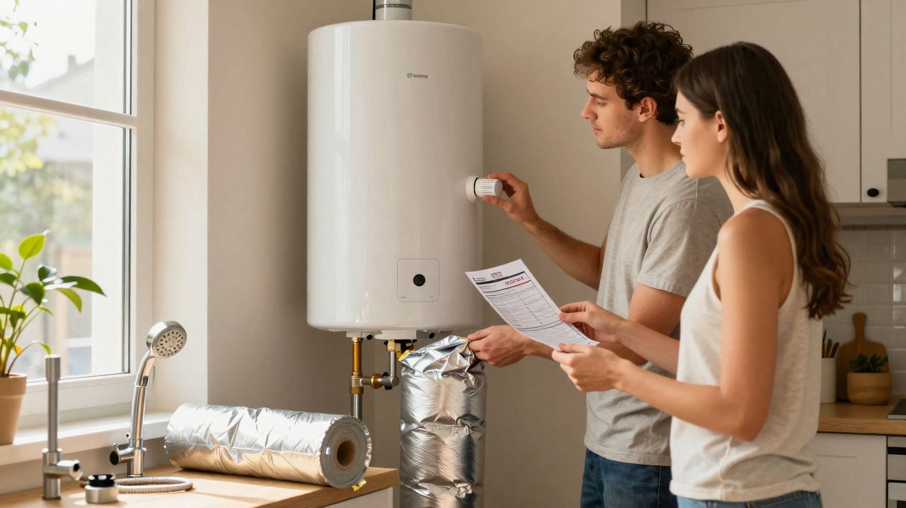 Casal jovem a ajustar um termoacumulador de águas doméstico numa cozinha com documentos e isolamento térmico.