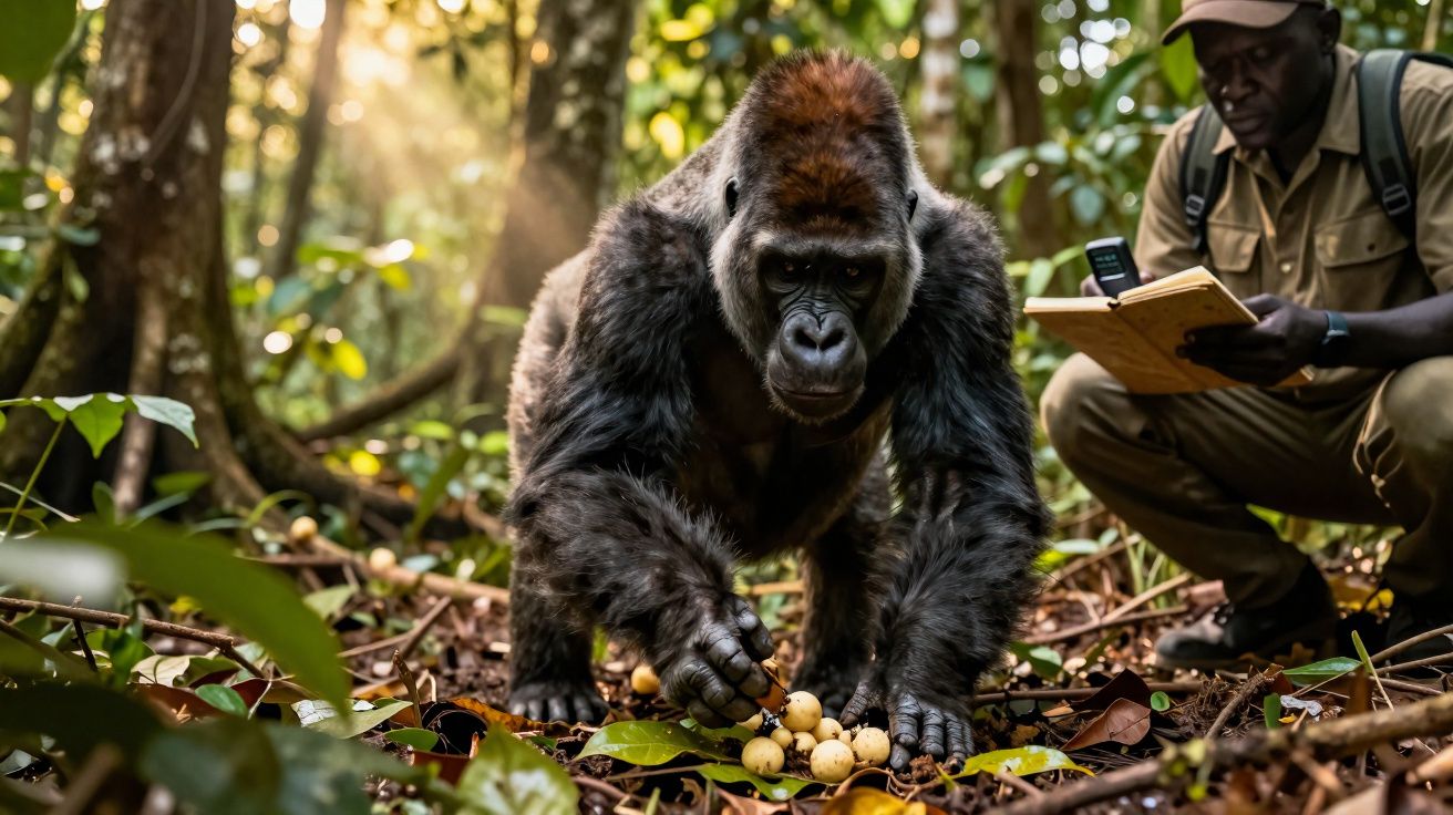 Gorila a apanhar frutos no chão na floresta, com homem a observar e a anotar informações ao fundo.