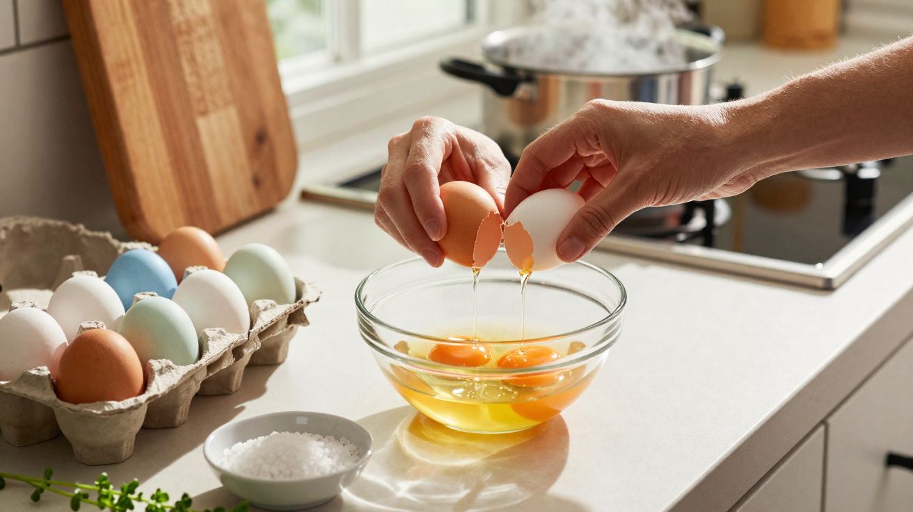 Mãos a partir ovos numa taça de vidro numa bancada de cozinha com ovos coloridos e panela ao fundo.
