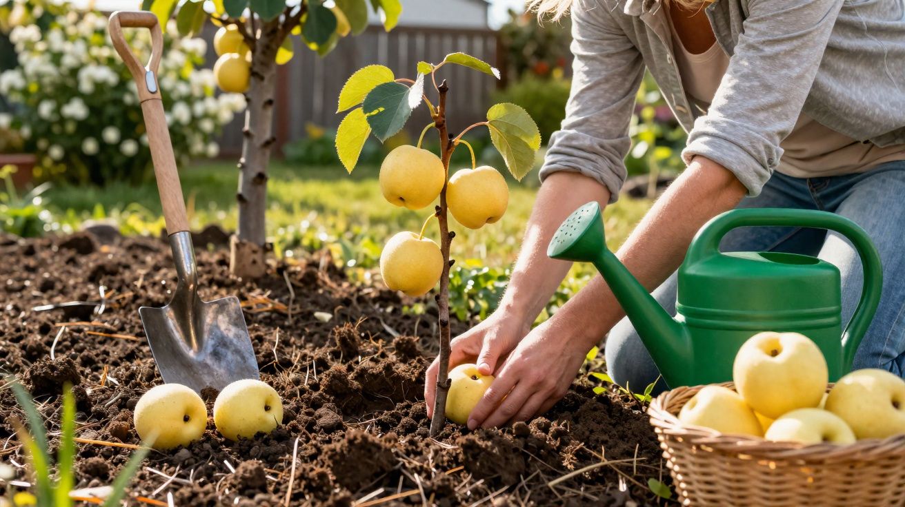 Pessoa a plantar árvore de maçãs amarelas num jardim, com regador e pá ao lado.