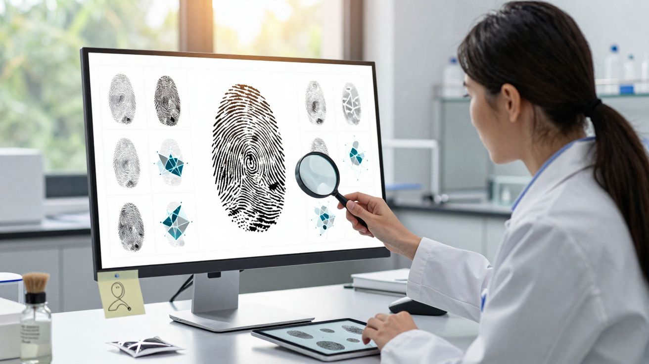 Mulher a analisar impressões digitais num ecrã de computador com lupa num laboratório.