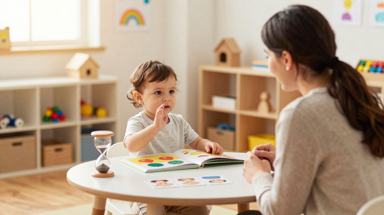 Criança pequena sentada à mesa com livro didático, interagindo com adulto num ambiente de aprendizagem.