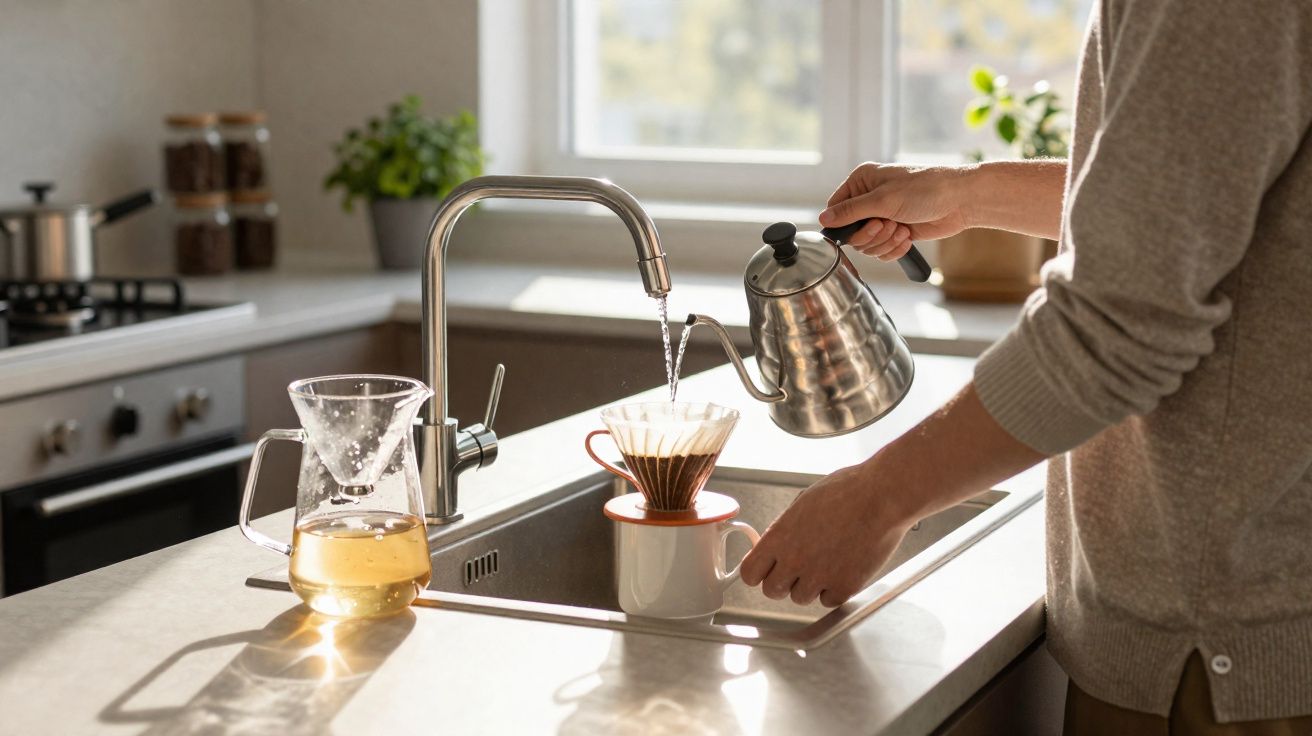 Pessoa a preparar café com método pour-over numa cozinha iluminada pelo sol.