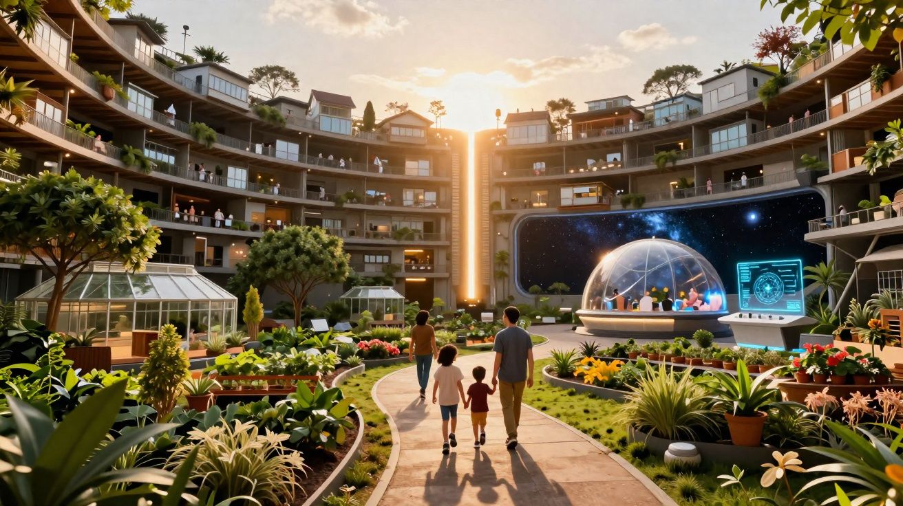 Família a passear num jardim comunitário futurista com edifícios modernos e telas digitais ao pôr do sol.