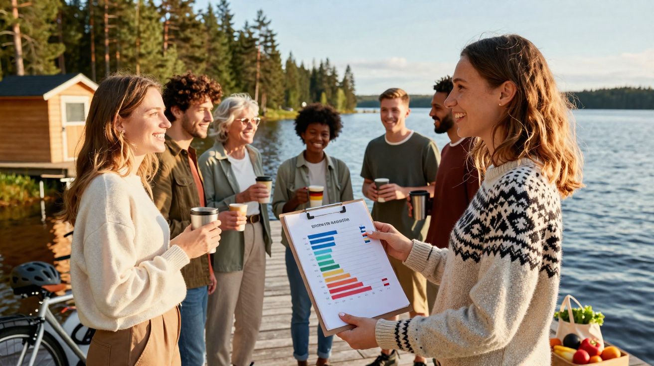 Grupo de pessoas ao ar livre junto a um lago, com gráficas e copos numa tábua de madeira.