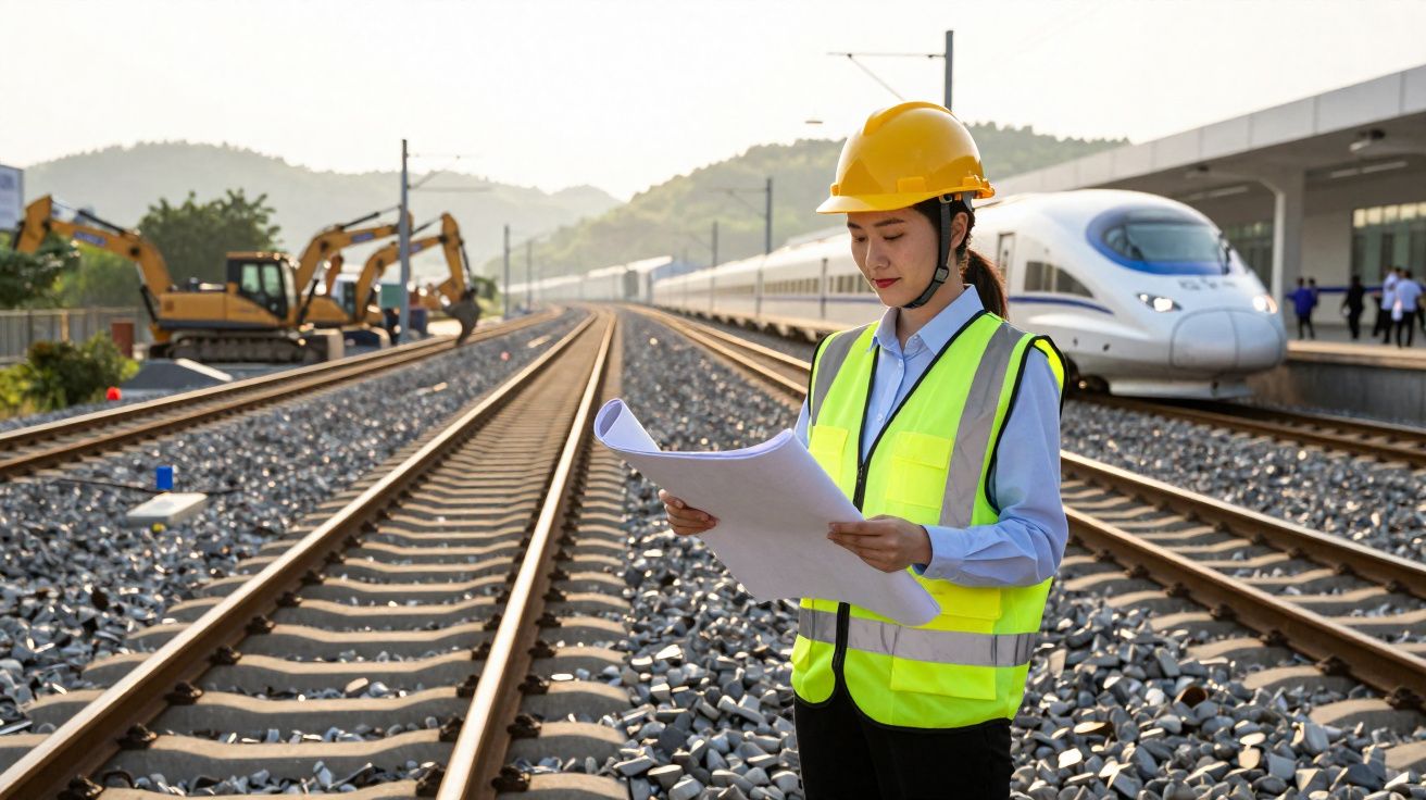 Engenheira de segurança com capacete e colete refletor lê plantas junto a linha férrea e comboio de alta velocidade.