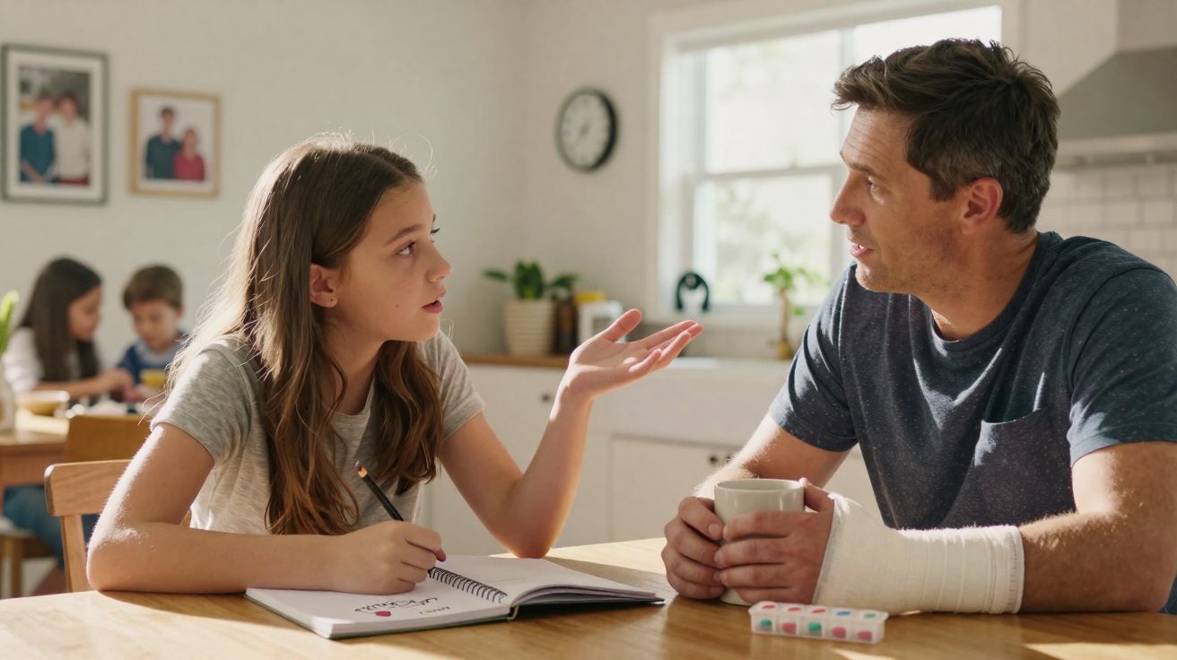 Rapaz com braço imobilizado conversa com rapariga que faz os trabalhos de casa à mesa da cozinha.