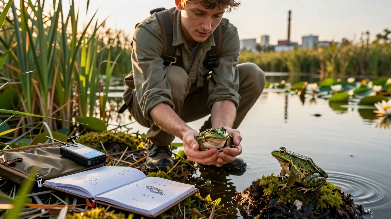 Jovem cientista segura uma rã perto de um lago para estudo, com caderno aberto e equipamento ao lado.