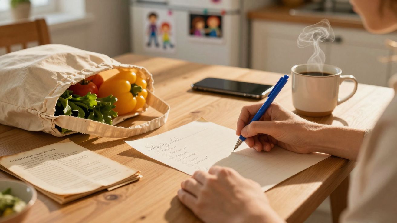 Pessoa a escrever uma lista de compras num papel numa mesa com legumes, chá quente e telemóvel.