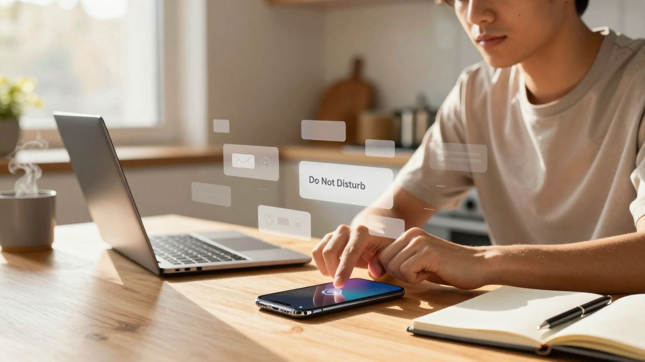 Pessoa ativa modo "Não incomodar" no telemóvel junto a computador portátil e caderno numa mesa de madeira.