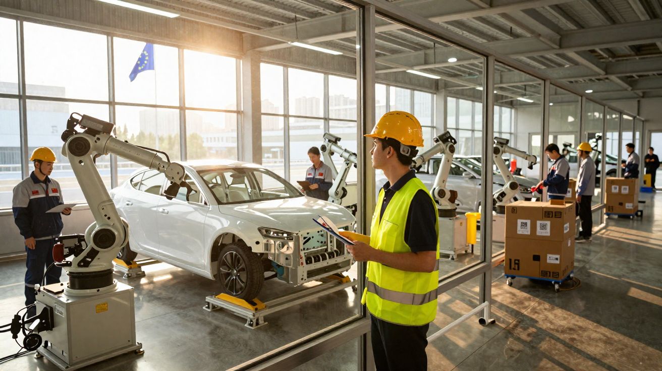 Funcionários e robôs a inspecionar carros numa linha de montagem numa fábrica moderna com capacetes e coletes.