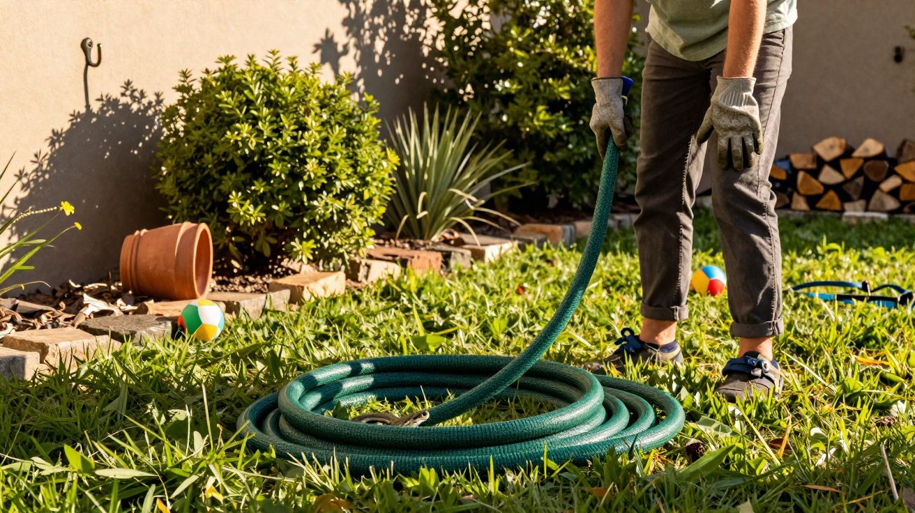 Pessoa com luvas a enrolar uma mangueira verde num jardim com relva e plantas durante o dia.
