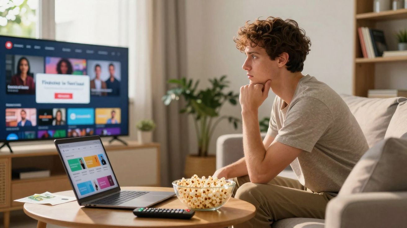 Jovem sentado no sofá a olhar para a TV, com computador portátil e tigela de pipocas numa mesa à frente.