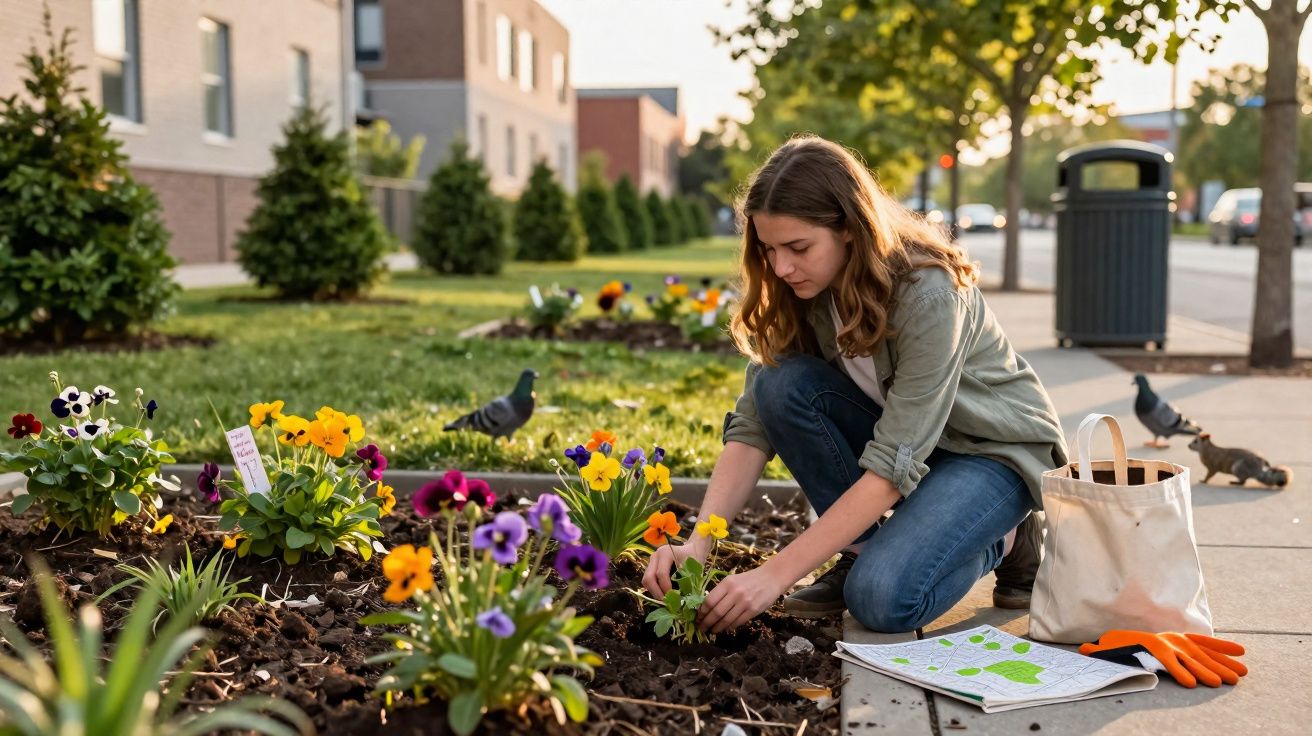 Jovem mulher a plantar flores coloridas num canteiro junto a uma calçada numa área urbana ao fim da tarde.