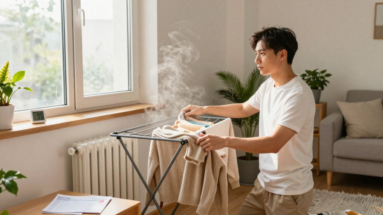 Homem a secar roupa com vaporizador numa divisória em sala de estar iluminada.